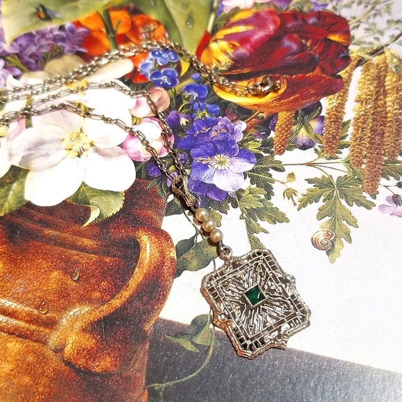 1920s SOLID 10KT GOLD Art Deco Emerald Lavaliere Necklace - Picture 8 of 8